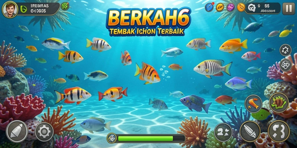 Tangkapan layar gameplay <strong>BERKAH6</strong> dengan ikan-ikan yang menari di layar.