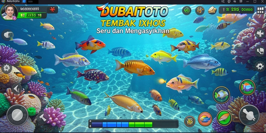 Tampilan gameplay DUBAITOTO dengan ikan berwarna-warni yang siap ditembak.