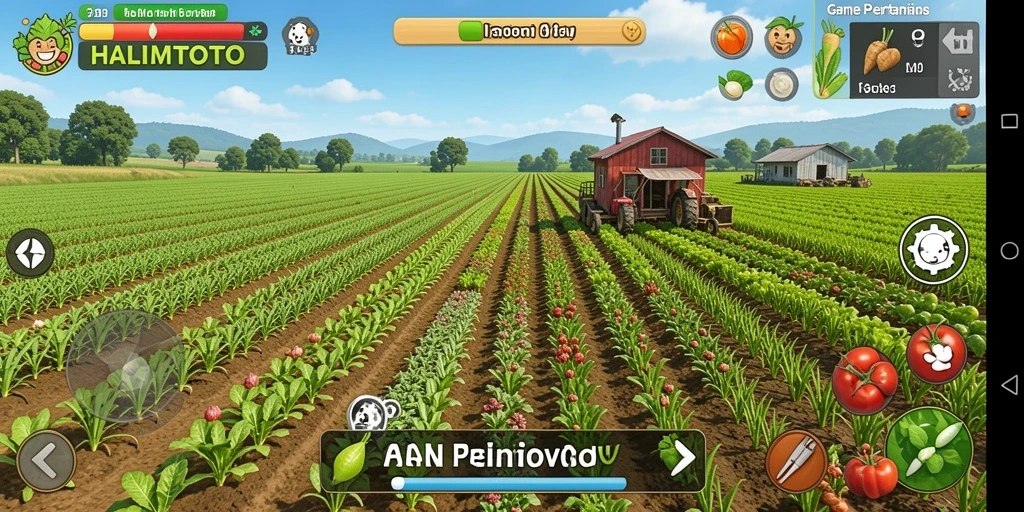 Tampilan menarik dari gameplay HALIMTOTO dengan lahan pertanian yang subur.