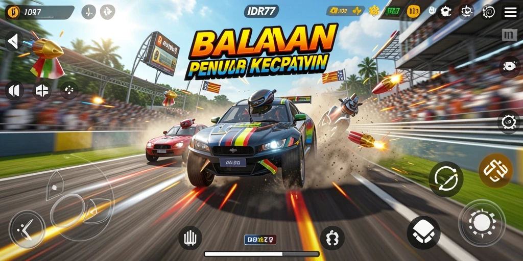 Tampilan gameplay mengasyikkan dari IDR77 dengan aksi balapan yang seru.