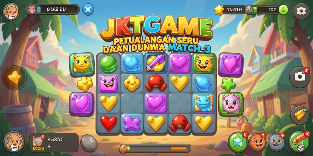 Gameplay menarik JKTGAME dengan elemen Match-3 yang cerah.