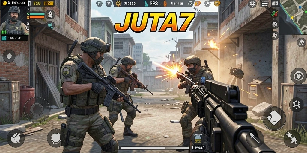 Gambaran gameplay mendebarkan dalam JUTA7 di arena tempur FPS.