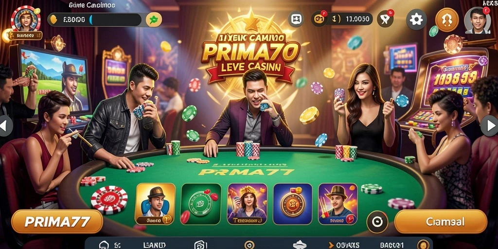 Screenshot gameplay PRIMA77 menunjukkan dealer interaktif dan suasana kasino yang nyata.