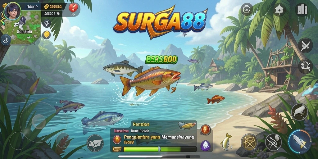 Screenshot gameplay SURGA88 menampilkan aksi seru saat memancing.