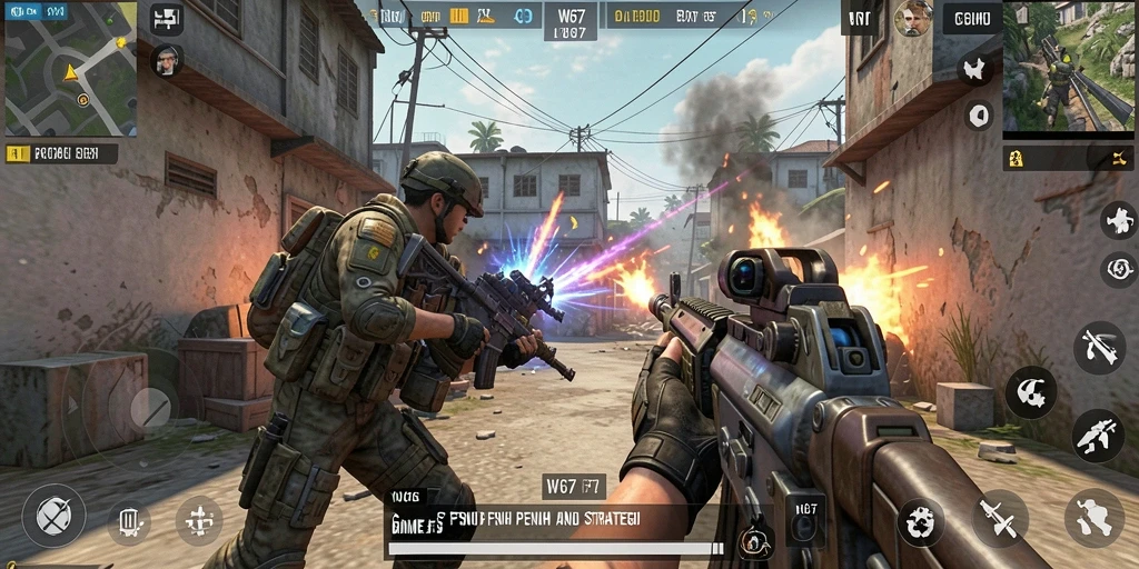 Screenshot gameplay W67 menampilkan aksi tembak-tembakan intens.
